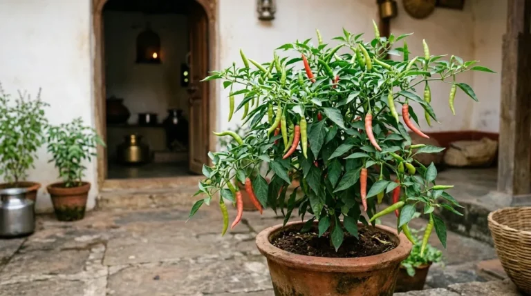 Pusa Jwala plant with slender green and light-red peppers beside a home kitchen courtyard