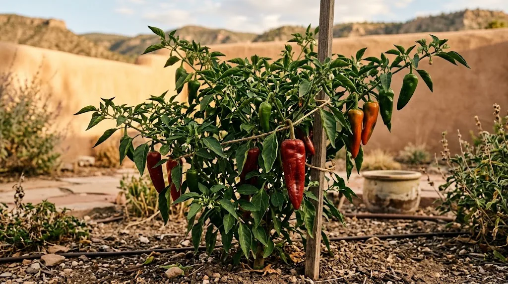 Chimayo pepper plants with green and ripe red fruit in a northern New Mexico courtyard garden