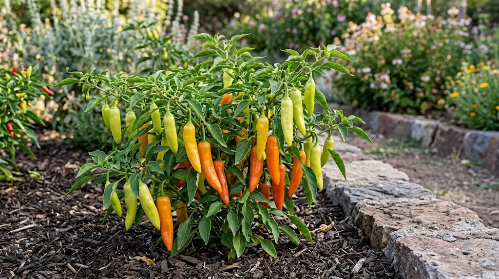 A mature Aji Cristal plant with attached pale-green, yellow, and orange-red pods in a Central Chile garden.