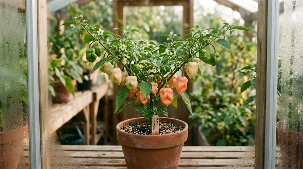 Compact Peach Habanero plant with attached green and salmon-peach pods in a greenhouse