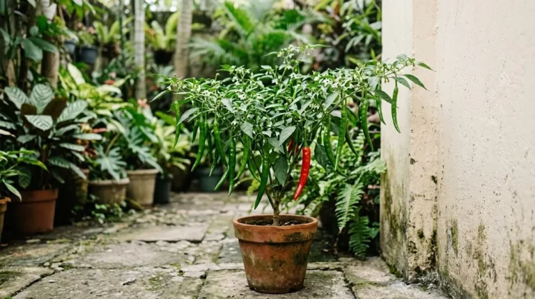 Fruiting Siling Haba plant in a Filipino backyard courtyard with long green and ripening red pods
