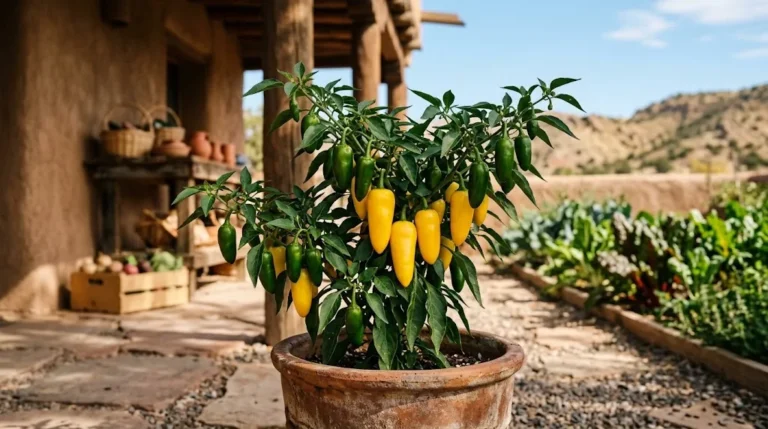 Compact NuMex Lemon Spice pepper plant bearing green and ripe gold pods in a garden bed