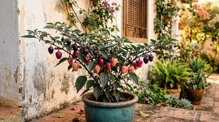 Potted Cheiro Roxa plant with dark purple, pink, and peach fruit against a courtyard wall