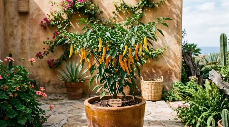 A Costeño Amarillo pepper plant in a courtyard, carrying mature golden-yellow and deep-orange pods