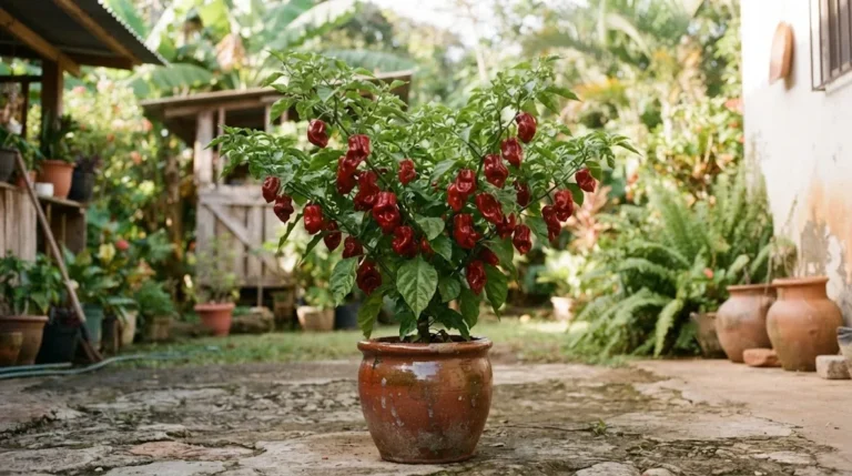 Fruiting Aji Chombo plant in a Panamanian home patio garden.