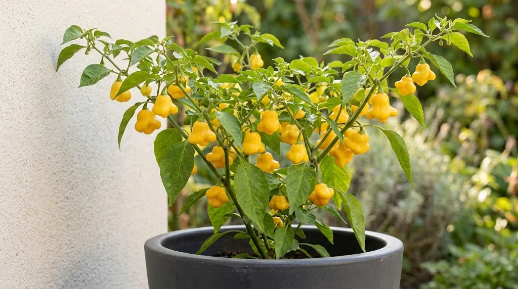 Fruiting Aji Fantasy pepper plant in a container with ripe yellow lantern-shaped peppers