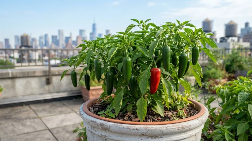 Mucho Nacho plant in a rooftop planter with attached green pods and one ripe red pod