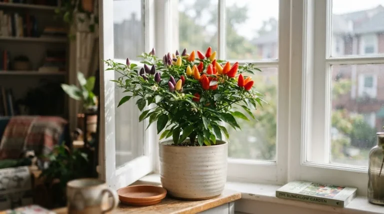 Potted NuMex Twilight pepper plant with green leaves and purple, yellow, orange, and red upright fruit