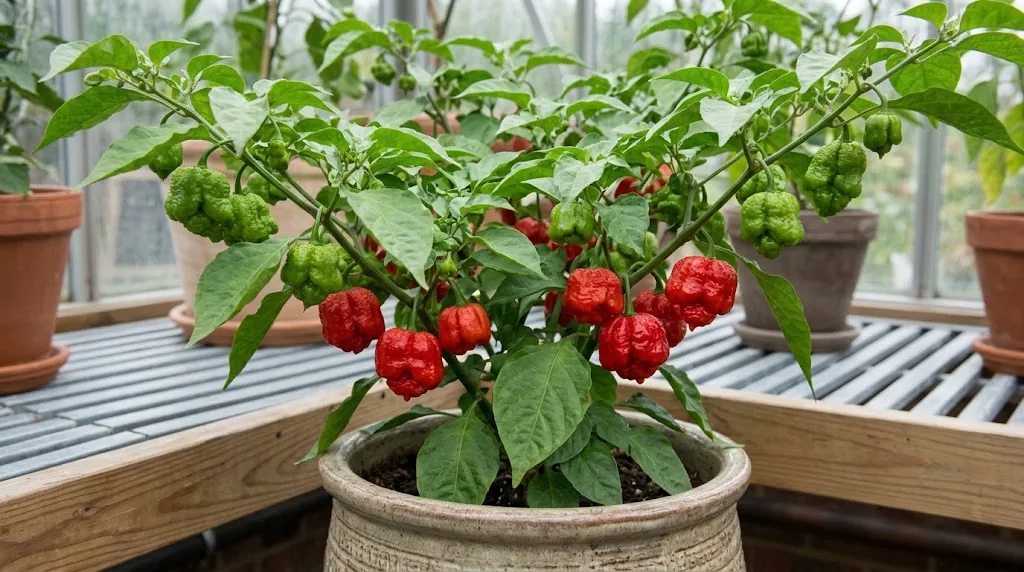 Fruiting 7 Pot Brain Strain plant with wrinkled red and green peppers in a ceramic greenhouse container
