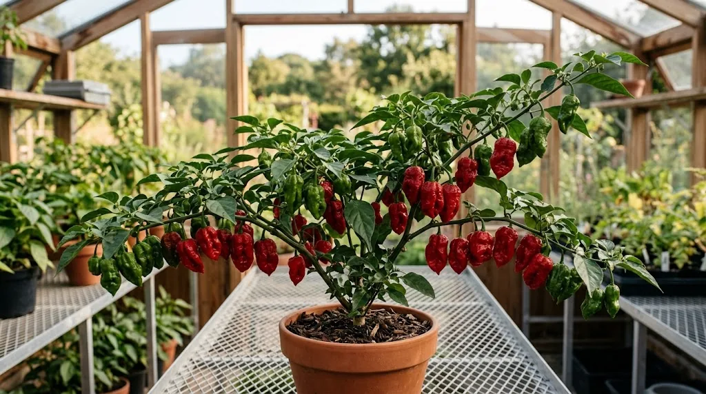 A fruiting Dorset Naga plant with wrinkled green and scarlet pods in a greenhouse