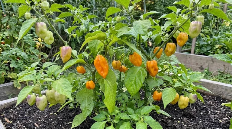 Fruiting Mustard Habanero plant in a Pennsylvania garden bed with attached pale-green, yellow, and orange fruit