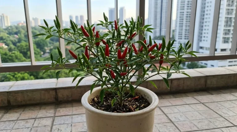 A compact Cili Padi Capsicum frutescens plant with attached green and ripe red tapering pods on a Kuala Lumpur balcony.
