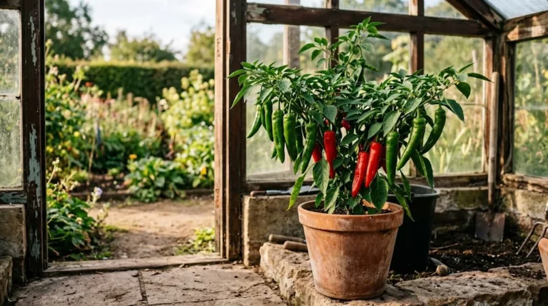 Sandia pepper plant with green and red pods attached in an open greenhouse doorway