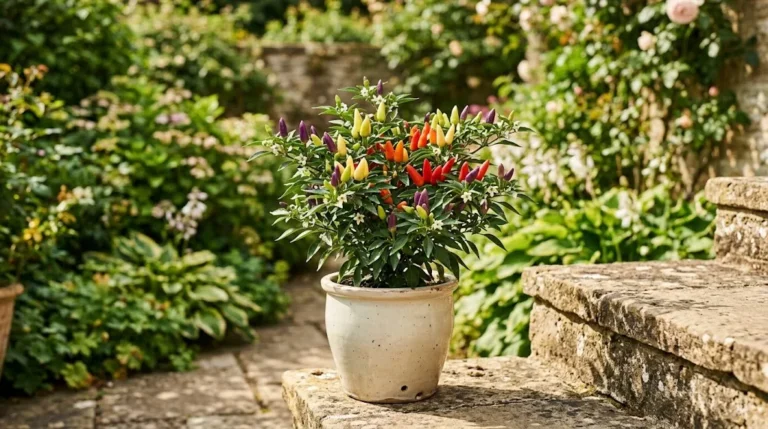 Compact Prairie Fire pepper plant with upright chartreuse, cream-yellow, orange, and red pods on courtyard steps
