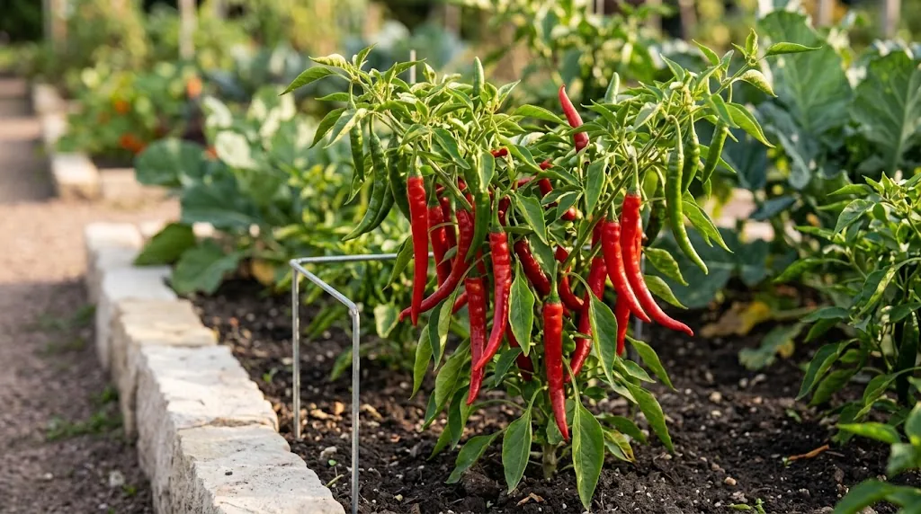 A fruiting Ring of Fire pepper plant in a community garden bed