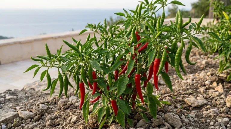 A fruiting Diavolicchio Diamante plant with narrow pointed pods in a stone Calabria garden.