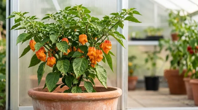 A fruiting orange 7 Pot Bubblegum plant in a container