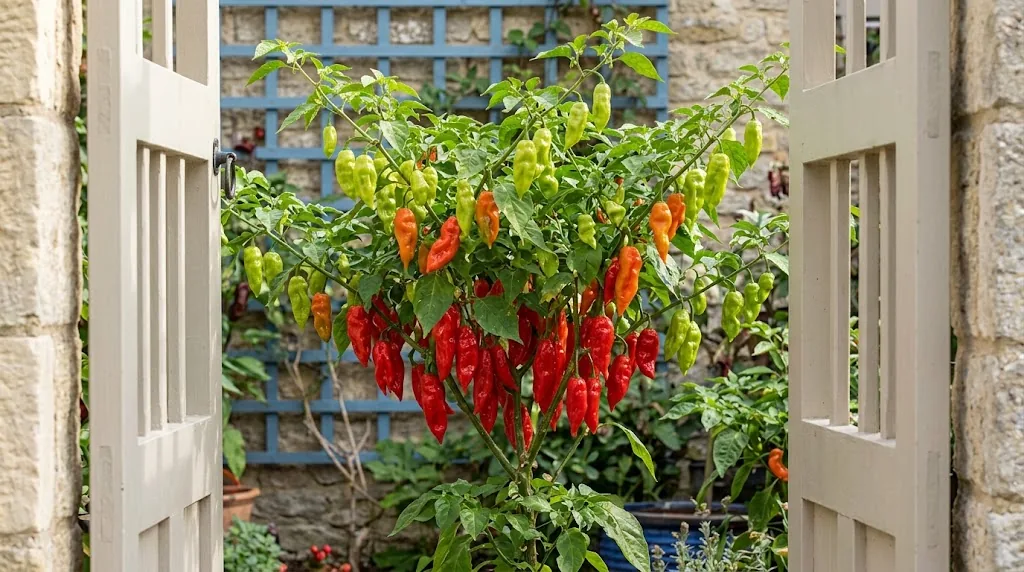 Hot Paper Lantern plant with attached green, orange, and red wrinkled pods in a courtyard