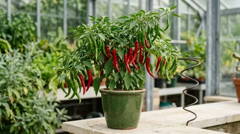 Bushy Long Slim Cayenne plant in a pot with attached green and red peppers