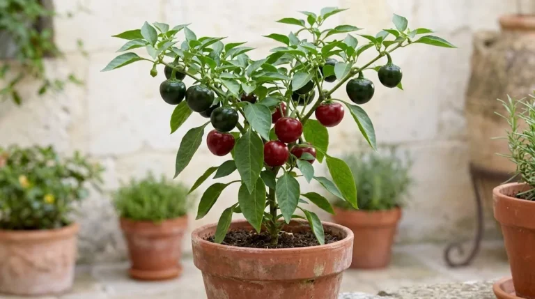 Compact Capperino F1 pepper plant with attached dark green and red pods in an Italian courtyard