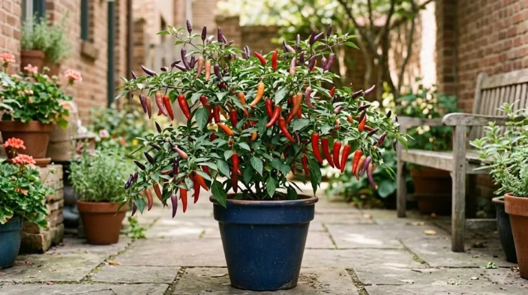 Buena Mulata pepper plant with purple, orange, and red fruit in a patio planter