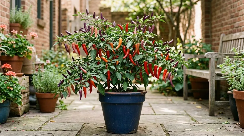 Buena Mulata pepper plant with purple, orange, and red fruit in a patio planter