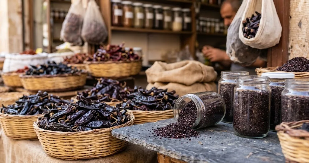 Sunlit southeastern Turkish spice merchant stall with shallow woven baskets and glass jars of whole and coarsely ground urfa biber, one tipped jar spilling dark purple-black oily flakes onto a slate counter