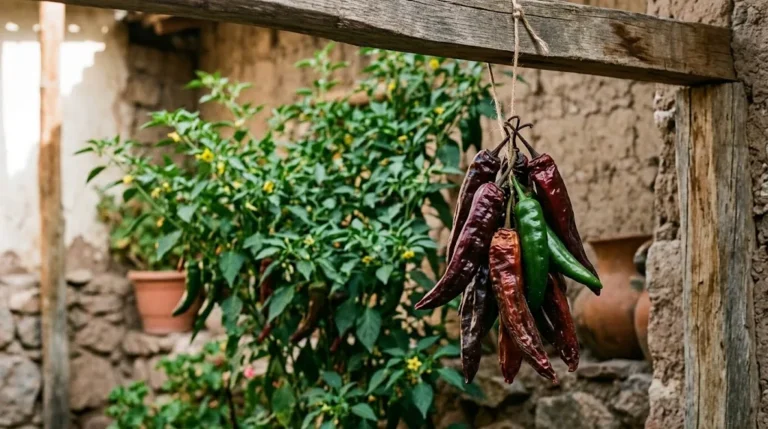 Aji Panca peppers hanging as a drying bundle in a shaded Peruvian courtyard