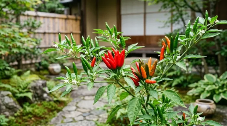 Santaka pepper plant with upright clusters of green, turning, and ripe red pods