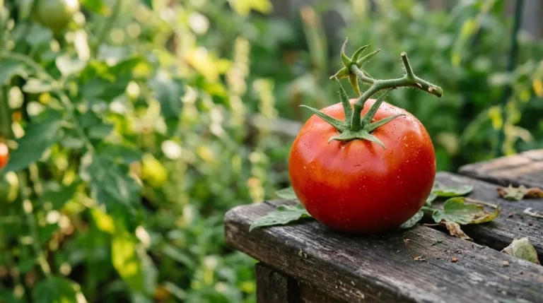 One ripe tomato with a short green calyx in a softly blurred home garden