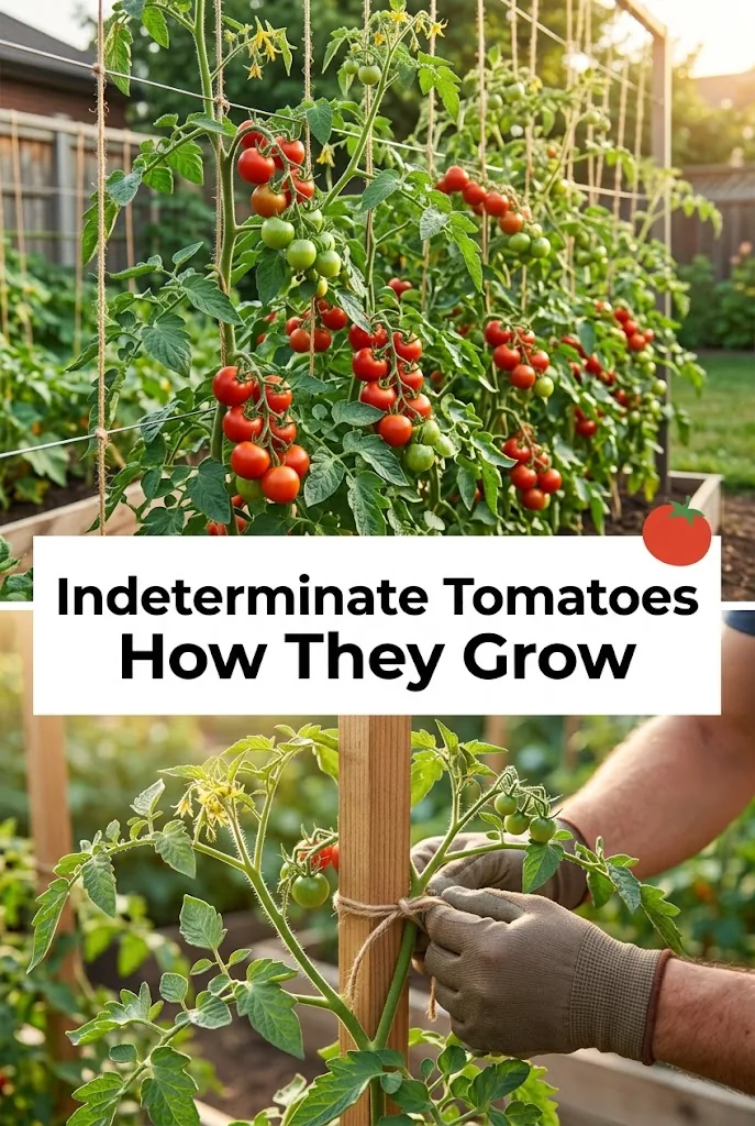 Pinterest graphic titled Indeterminate Tomatoes: How They Grow