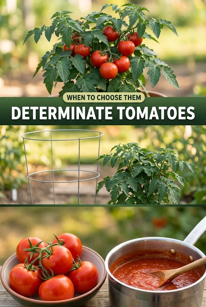 Pinterest graphic titled Determinate Tomatoes: When to Choose Them with a compact tomato plant, cage, and harvest