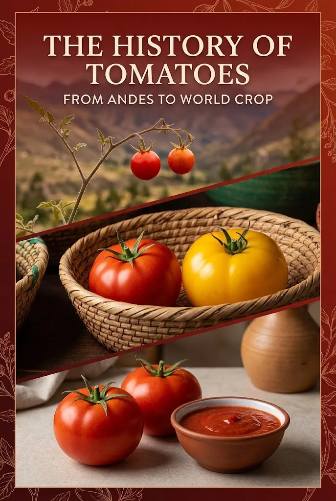 Pinterest graphic about the history of tomatoes from the Andes to world crop