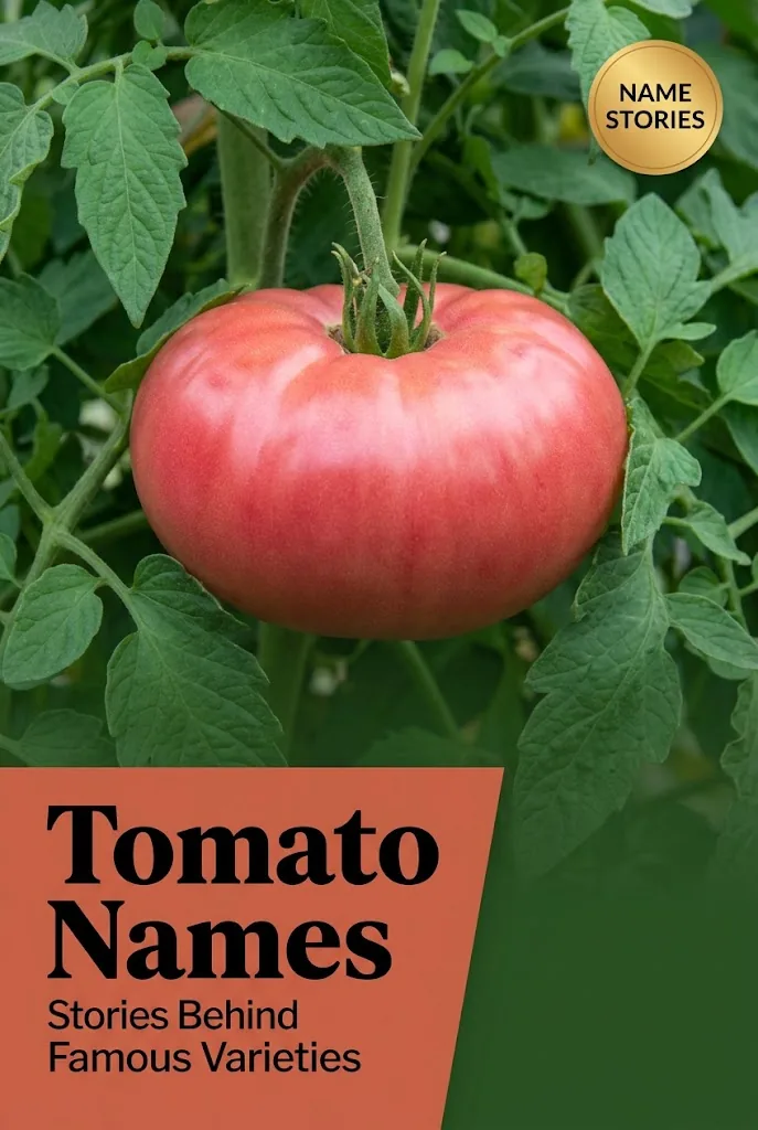 Pinterest graphic titled Tomato Names with a Brandywine tomato