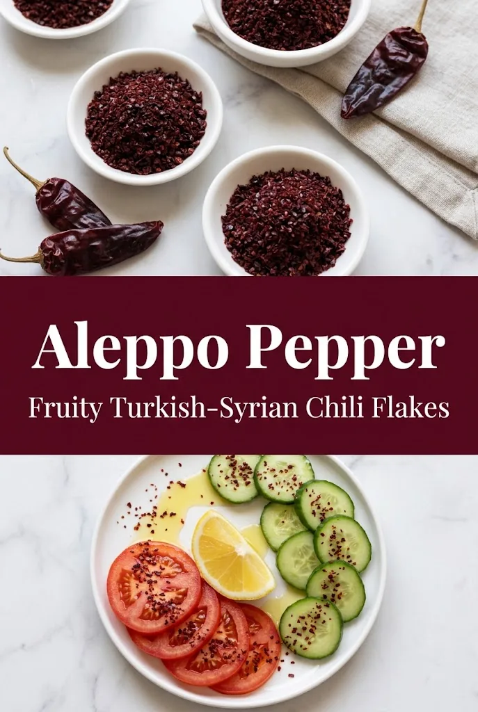 Vertical Pinterest pin: top photo of Aleppo pepper flake in small dishes with a few dark red pods, middle burgundy band with white headline Aleppo Pepper and subtitle Fruity Turkish-Syrian Chili Flakes, bottom photo of a mezze plate with tomato, cucumber, lemon, and olive oil