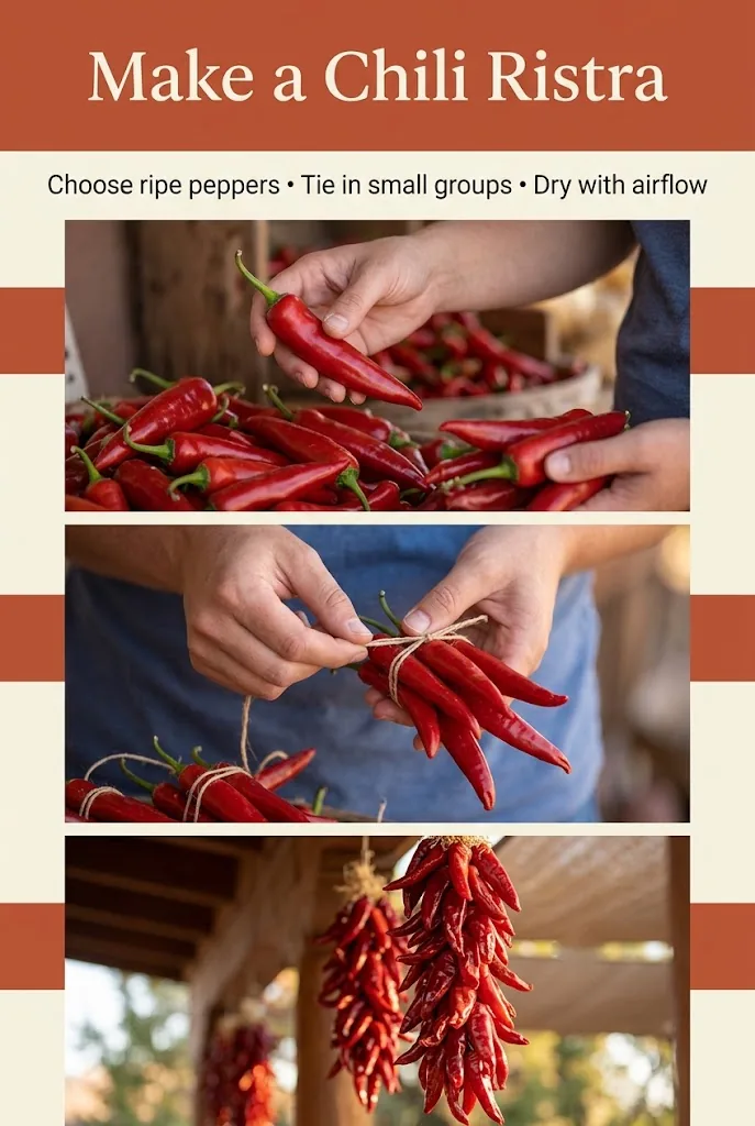 Three steps to choose peppers, tie a ristra, and dry it with airflow
