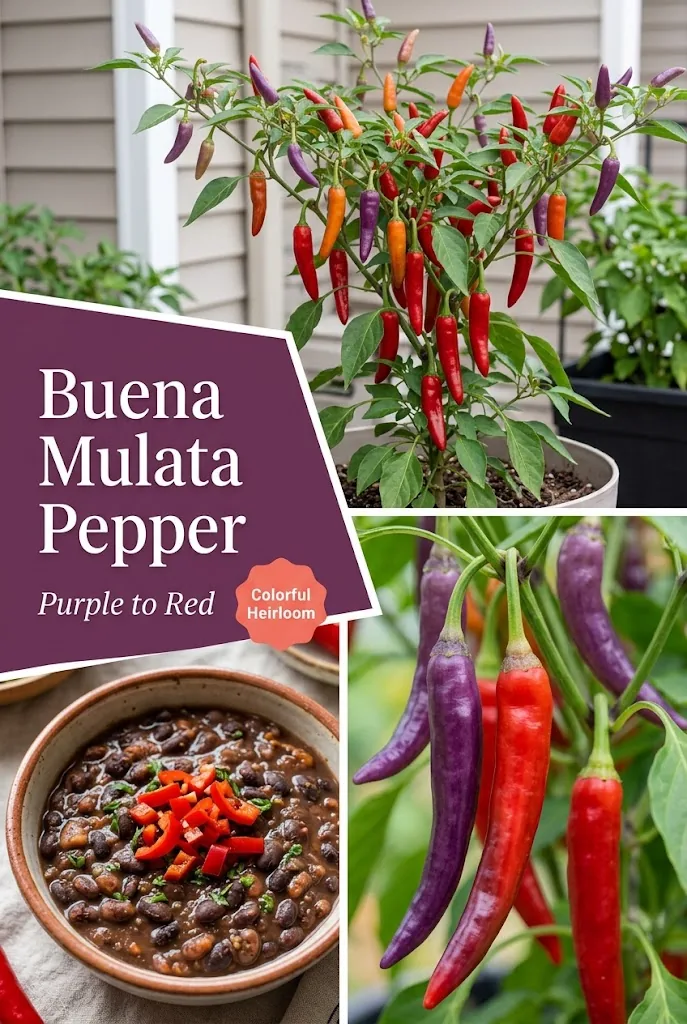 Pinterest graphic titled Buena Mulata Pepper with plant, pepper, and bean images