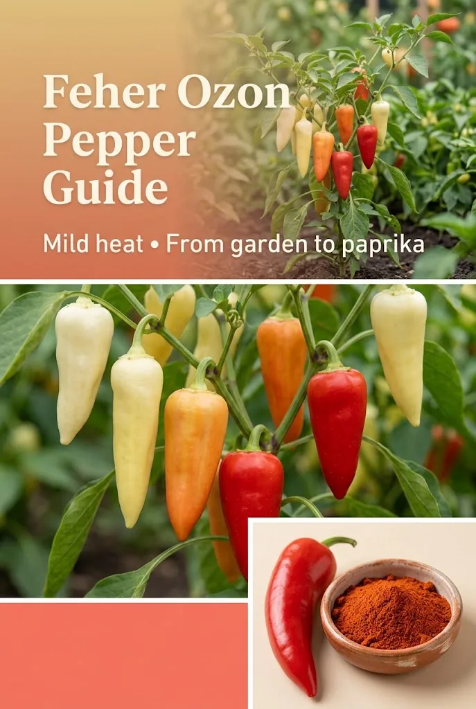 A collage shows the Feher Ozon plant, its color stages and homemade paprika