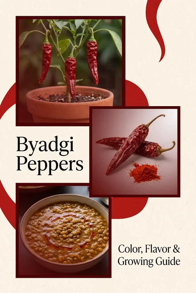 Byadgi peppers guide with a plant, dried pods, chili powder, and lentil curry
