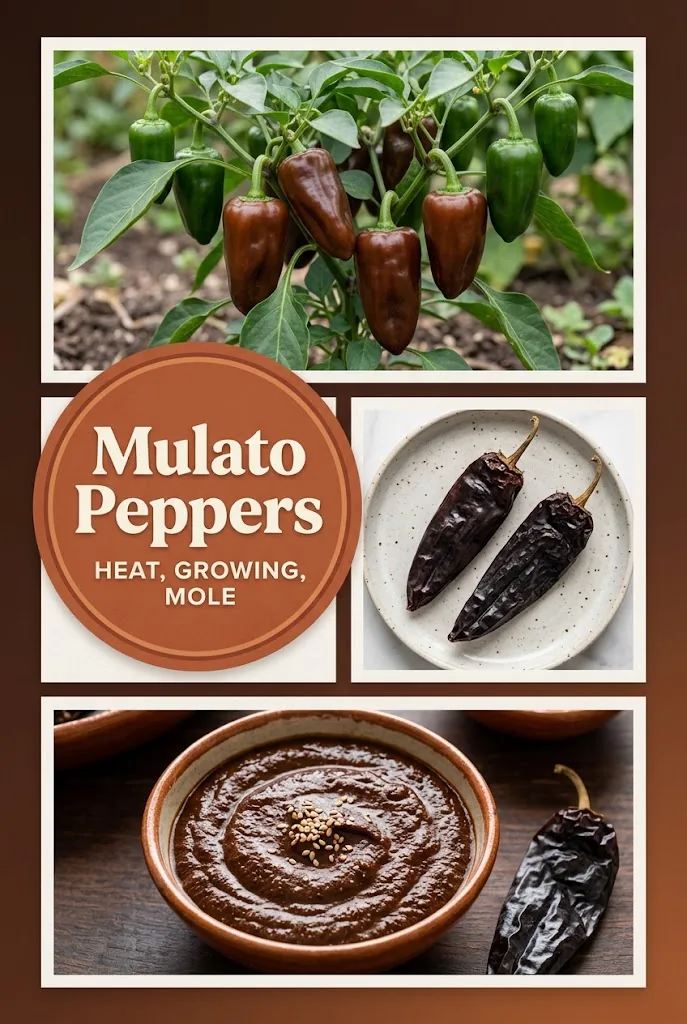 Illustrated collage with Mulato peppers, a mole bowl, and guide headline