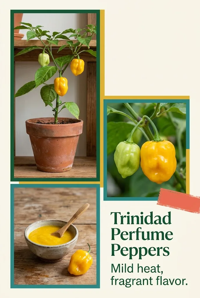 Pinterest graphic about Trinidad Perfume peppers, with plant, fruit, and sauce photographs
