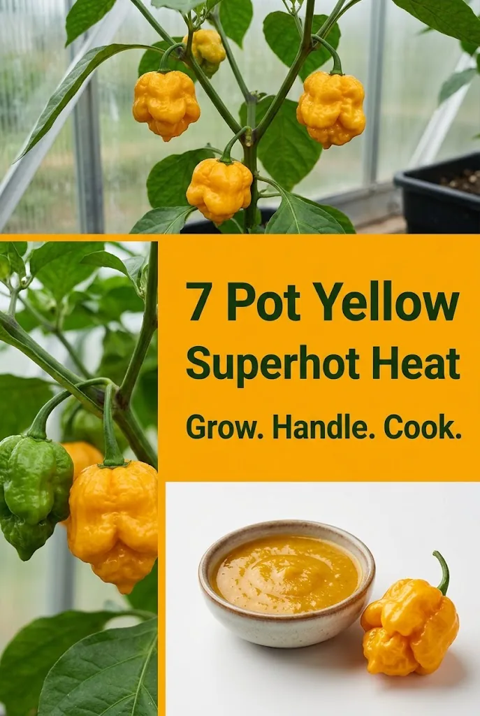 Pinterest collage about 7 Pot Yellow peppers, superhot heat, growing, handling, and cooking