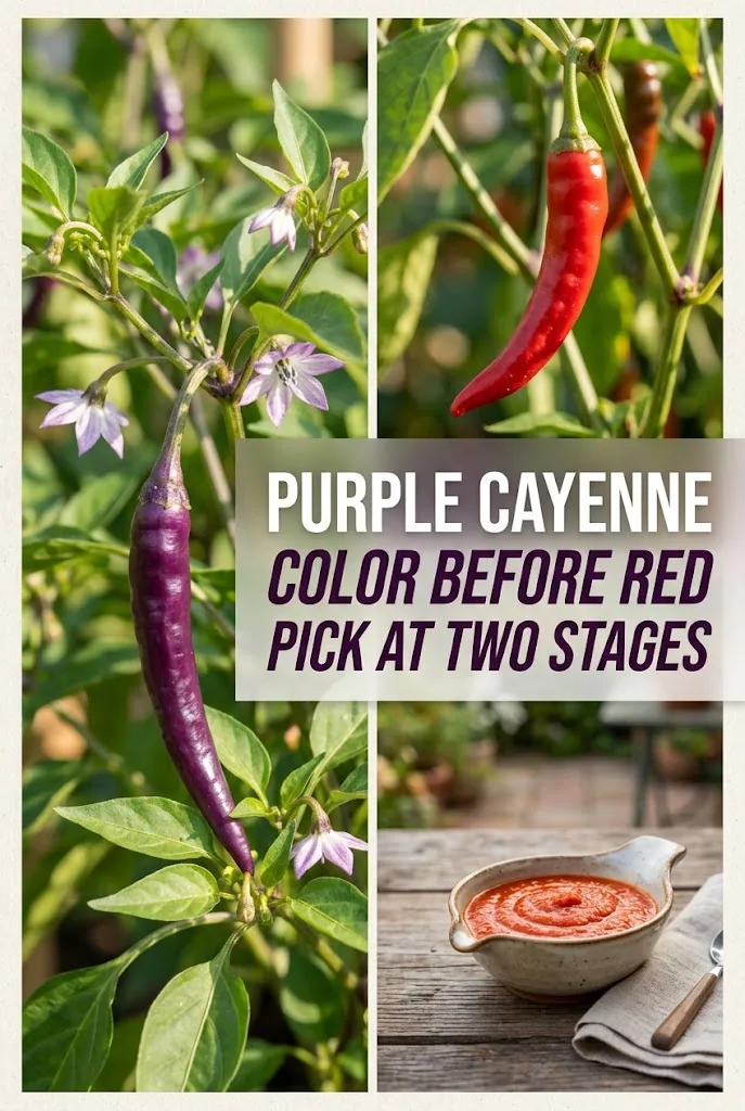 Pinterest collage showing the purple and red stages of Purple Cayenne peppers