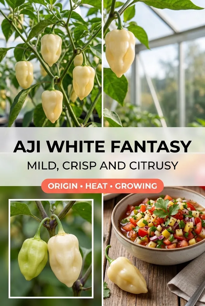 Aji White Fantasy plant, ripe fruit, and fresh salsa in a collage
