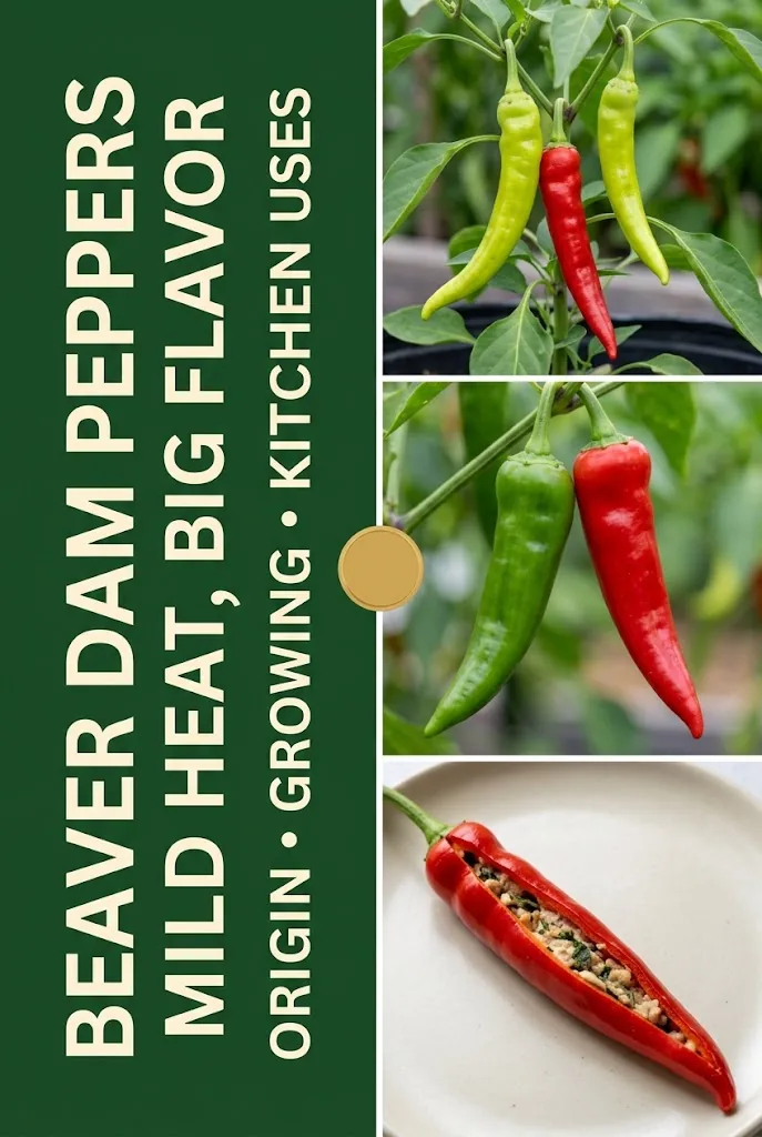 Pinterest collage about Beaver Dam peppers with the lines Beaver Dam Peppers, Mild Heat Big Flavor, and Origin Growing Kitchen Uses