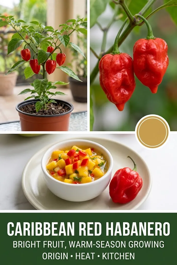 Pinterest collage of a Caribbean Red Habanero plant, attached fruit and mango salsa with text about origin, heat and kitchen uses