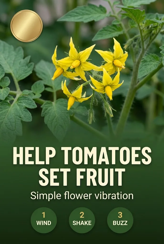 Pinterest graphic titled Help Tomatoes Set Fruit with wind, shake, and buzz tips