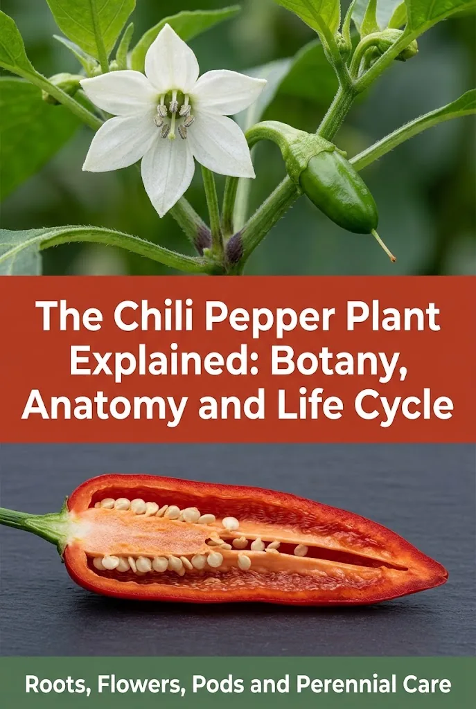 Vertical botanical guide to chili pepper plant anatomy and perennial life cycle
