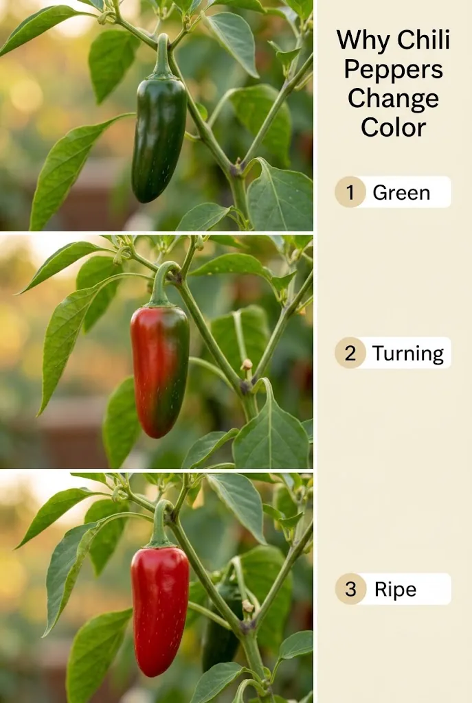 Three stages of jalapeño color from green to red