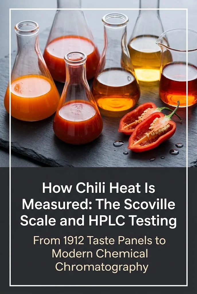 Vertical Pinterest pin showing laboratory chili extract glassware and a solid dark charcoal title card